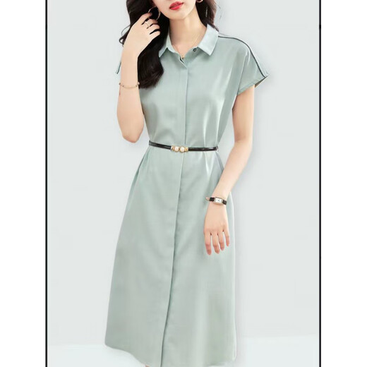 Woodpecker Robe élégante pour les femmes 2025 Été Nouveau style Commutation Couleur unie Couleur courte à manches courtes et minceur de taille moyenne pour femmes vertes (+ ceinture) L 113-125Jin [Jin est égal à 0,5 kg]
