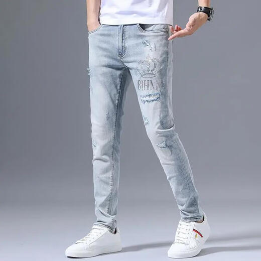 Jeans étirés haut de gamme de Zhidoudou pour la marque à tendance à la mode à la mode à la mode à tendance des pieds minces minces minces minces de pantalon bleu clair 3890 couronne, taille moyenne 34 [suggéré 155-165jin [Jin est égal à 0,5 kg]]]