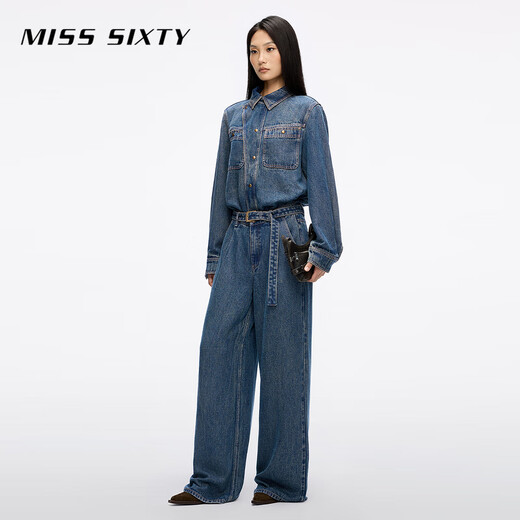 Fräulein sechzig2025 Herbst New Laiseur Denim -Jumpsuits für Frauen mit Gürtel Retro -Arbeitsanzügen Retro Blue M.