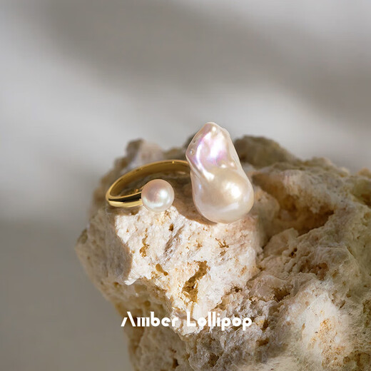 Amber Lollipop Freshwater Pearl Ring Women's Niche Light Luxury Open Ring Anniversary Birthday Gift for Girlfriend and Wife
