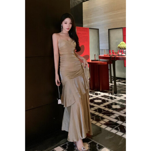 YIOU 2025 Mermaid Ruffle Temperament Adult Ceremony Suspender Dress Birthday Cocktail Dress Long Skirt 7065 Khaki S