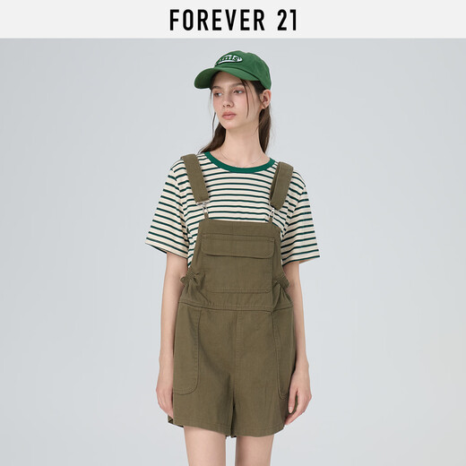 FOREVER21 Overalls Women's 2025 Summer New Simple Loose One-piece Casual Shorts Women Green L