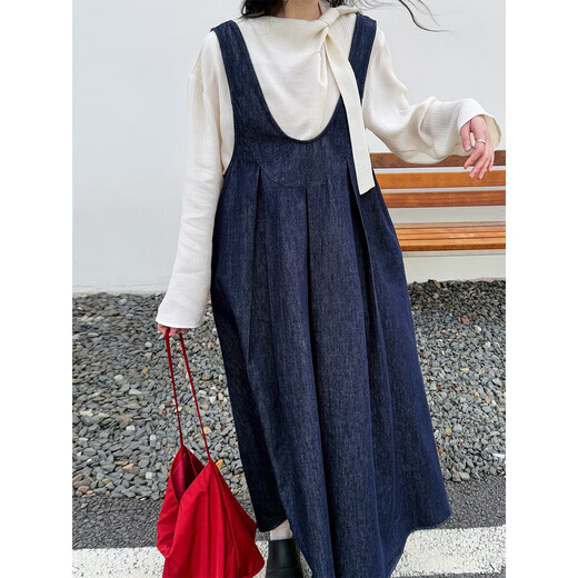 Zhidou Duo Luxi Korean retro U-neck vest denim dress for women 2025 spring new design versatile long skirt 9710 denim M