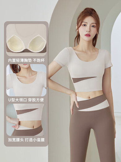 Yoga clothes for women 2025 new style Pilates training morning running fitness sports large size short-sleeved top suit autumn short-sleeved + trousers gray lake blue + whale blue S (recommended 85-95Jin Jin equals 0.5 kg)