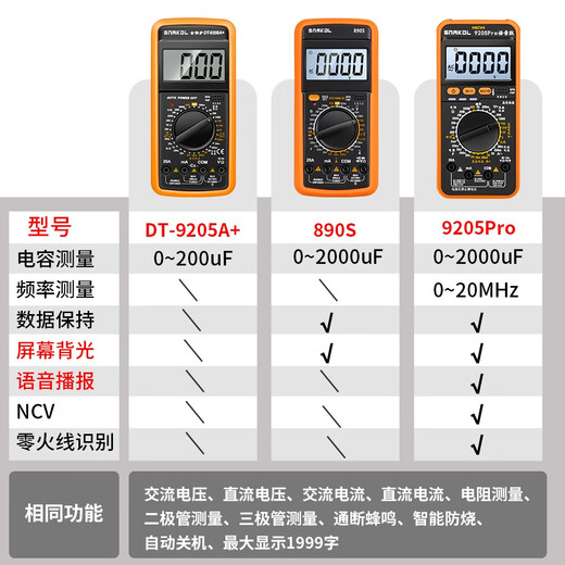 SNAKOL SNAKOL SMART SMART Electrican Special Anti-Fire Portable AC-DC Multimètre Ammeter DT9205 DT9205A + Standard (y compris le stylo à batterie)