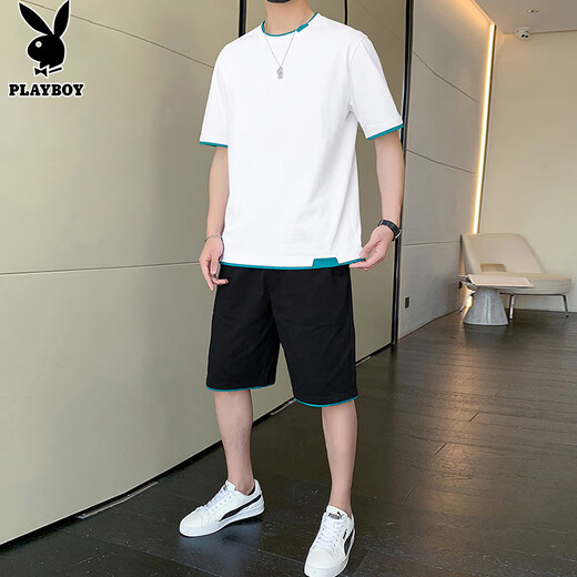 Playboy (Playboy) Camiseta de manga corta Traje para hombres Summer Summer High-top Roport Sports Whorts de camiseta de media manga de dos piezas.