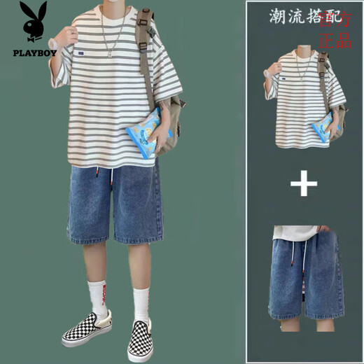 花花公子条纹短袖套装男夏季休闲帅气一套衣服搭配潮流T恤牛仔短裤两件套 9226黑+147牛仔短裤黑灰 XL