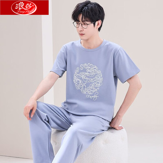 Langsha pajamas short-sleeved pure cotton trousers cotton summer men's thin summer youth middle-aged loose large-size home clothing set AY3527 L men's style 95-120Jin[Jin equals 0.5 kg]
