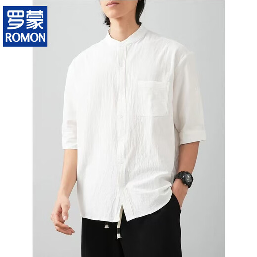 ROMON Men's stand-collar white short-sleeved shirt Men's Japanese round neck three-quarter sleeve T-shirt Henry collar textured shirt C1020-white-three-quarter sleeve L 90-110Jin Jin equals 0.5 kg