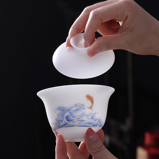 SANQIHU KUNG FU TE TE TEA DEHUA Vegetariano Tipo de cubierta simple Tazón Copa de té Copa maestra Caja de regalo Whole Regalo 7 Vegetariano Tipo de hielo Montar el viento y el tazón de la cubierta redonda del viento olor 9274