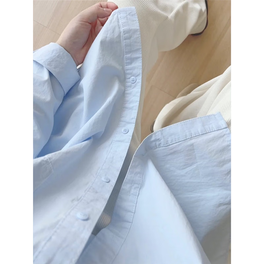 Pure cotton blue shirt for women spring and autumn 2026 new style long-sleeved shirt inside the lapel and Korean style top for small people, blue XL