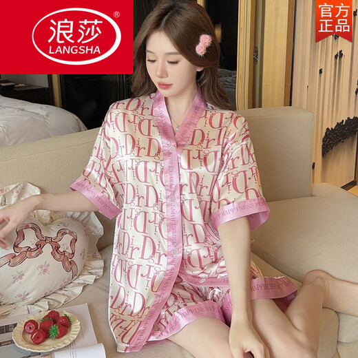 
LangSha (LangSha) retro high-end letters women's ice silk pajamas summer short-sleeved suit internet celebrity style can be worn on the outside loose thin cool feeling 867 pair of pink butterfly star M