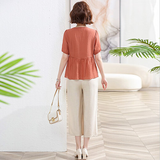 
GTYUWVG Mom Summer Short Sleeve Cotton and Line Two-Piece Set 2025 New Middle-aged and Elderly Women's Fashionable Noble Middle-aged Set 9435 Yellow + Beige Wide-Legged Pants L Recommended 90-105Jin [Jin equals 0.5 kg]