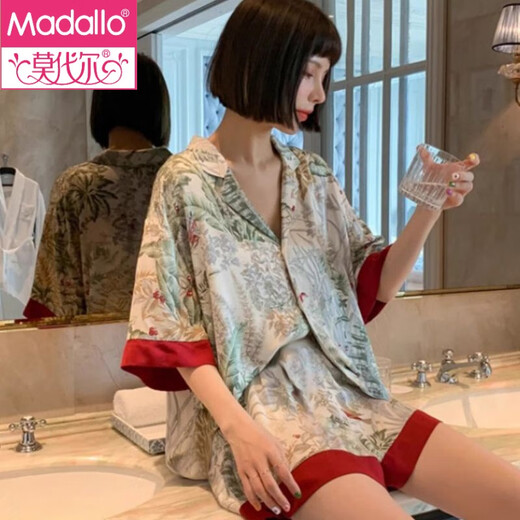 莫代尔冰丝新中式国风印花睡衣女装夏季薄款感可外穿短袖短裤家居服 套LW9214【丝滑凉感型】 M 【建议80-100斤】