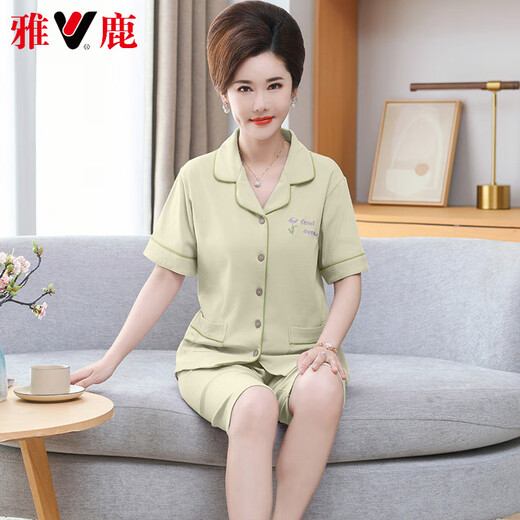 Yalu high-end mother cardigan pajamas for women in summer pure cotton short-sleeved cropped pants large-size thin style middle-aged and elderly mothers' home clothes 9892 M [80-100Jin [Jin equals 0.5 kg]]
