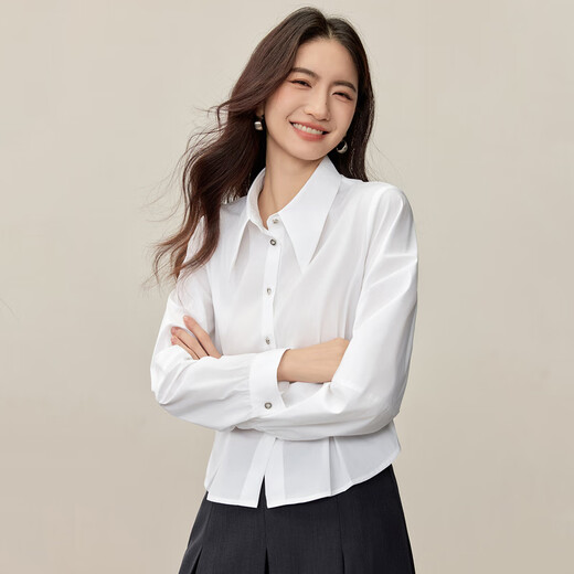 Shandubila pointed collar long-sleeved shirt for women in autumn metal buckle pinch pleated waist slimming shirt split design short top