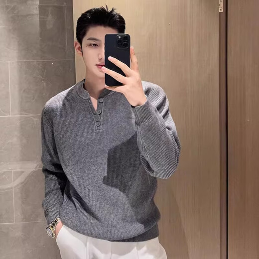Kuraishi Kazuki light luxury trendy brand high-end Henry collar sweater men's autumn and winter new style inner casual solid color bottoming sweater gray L