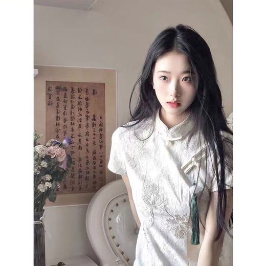 Xianxiu mejorado Cheongsam 2025 Temperamento de verano Vestido blanco Estilo nacional 831 Chiffon verde S