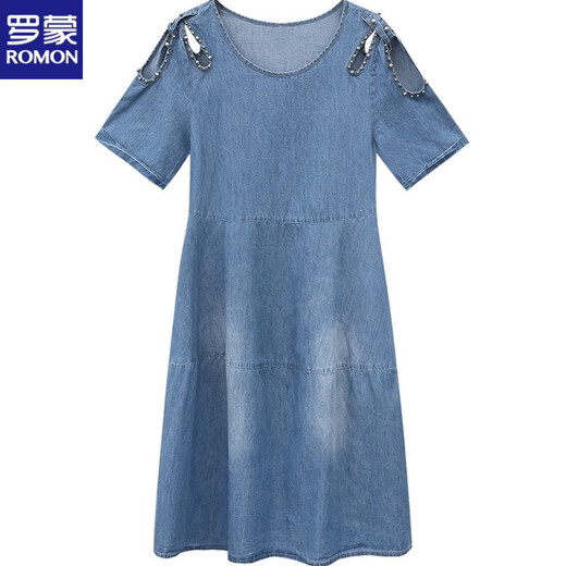 罗蒙（ROMON）小清新牛仔连衣裙夏季女装2025新款学院风时尚学生宽松中长款裙子 浅蓝色852 S 100斤内