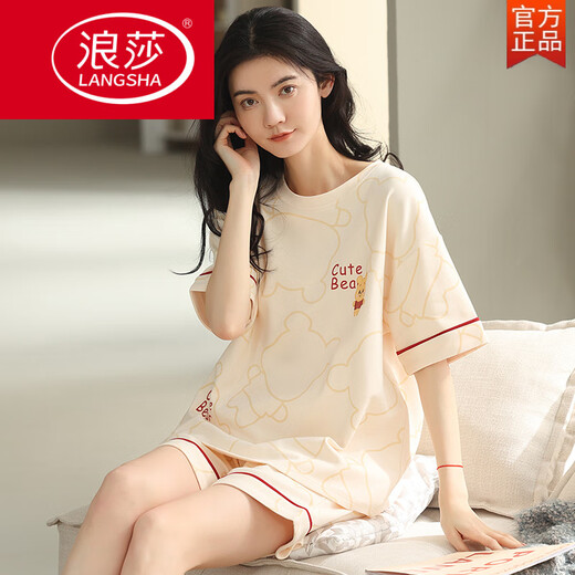 浪莎（LangSha）2025年新款夏季睡衣女纯棉短袖短裤薄款甜美家居服两件套装舒适 YZT9859短-袖套 M 【建议80-100斤穿】