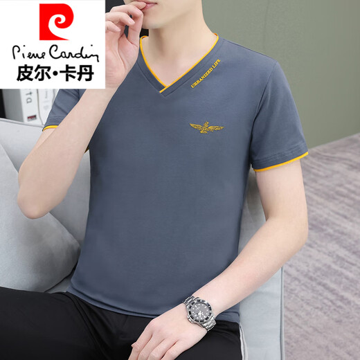 
Pierre cardin needle ice silk short sleeve men's rooster heart collar T-shirt 2025 summer new versatile trendy men's breathable thin T-shirt knit qy693 white 2XL