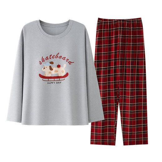 
Cat man pajamas women pure cotton spring and autumn long sleeves 2025 new loose plaid cartoon home clothes grey can be worn outside
