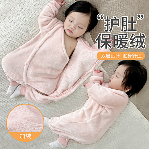 Qilado Baby Autumn and Winter Coral Velvet One-piece Clothing for Baby Girls Going Out Winter Clothes with Velvet Thickened Winter Pajamas for Small Months, Light Pink (Single Layer Regular Style) 90cm