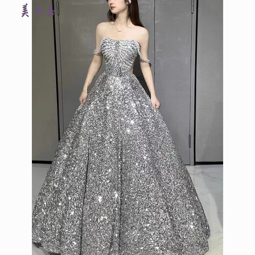Mei Anjia starry sky sequined evening dress with light luxury temperament annual meeting host engagement wedding dress toasting dress bride silver sequin style XL