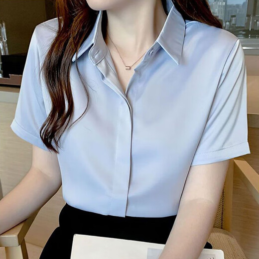High-End-Shirt-Hemd für Frauen im Sommertemperament Professionelle formelle Trage weiße Hemd-Kleidung Maschinensensen Nische Chiffon Top 9902 Blau verdeckter Knopf [Chiffon Stoff] M Empfohlen [96-110jin [Jin gleich 0,5 kg]]]