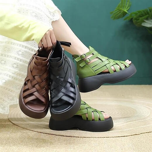 KUXA 2025 summer new style hand-woven fish mouth sandals heightened Rome breathable retro women's shoes dark brown 37
