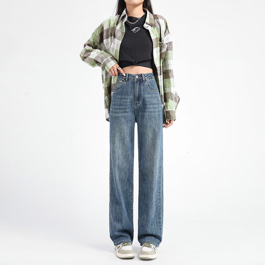 Pantalon large et étroit à taille haute 2025 Spring and Summer Nouveaux jeans droits décontractés simples et polyvalents # 9905 Nostalgic Blue régulier L (recommandé 110-125Jin [Jin est égal à 0,5 kg]))