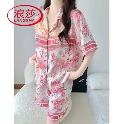 浪莎（LangSha）国风水墨画冰丝睡衣女夏季天新款短袖薄款女士粉色丝绸家居服套装 LW-9214【短袖短裤】 L 【建议100-120斤】