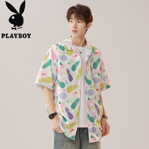 Playboy (PLAYBOY) summer new shirt men's painted dopamine beach loose short sleeve fashion trend couple T-shirt 7027 Lebanese purple M