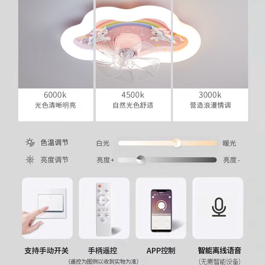花乐集儿童房间风扇吸顶灯女孩卧室360度摇头6档风速清凉光谱吸顶灯 1W 9196月球兔子风扇灯 无极调光
