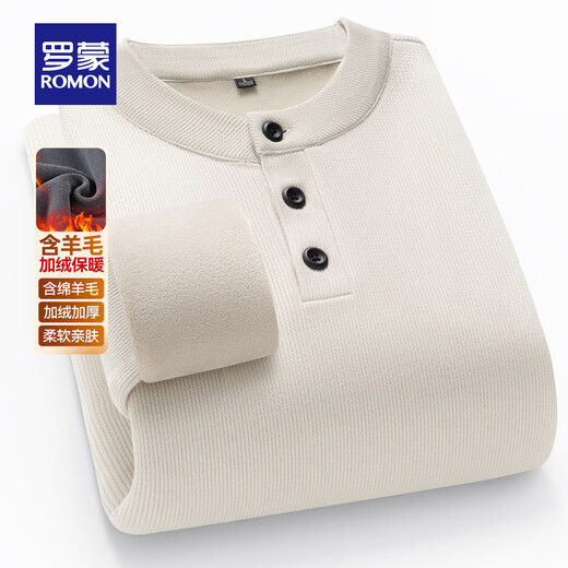 ROMON Contains Sheep Wool Henley Collar Velvet Sweater Men's Autumn and Winter New Fashion Casual Versatile Warm Bottoming Shirt White M (170) Recommended 90-130 Jin Jin equals 0.5 kg