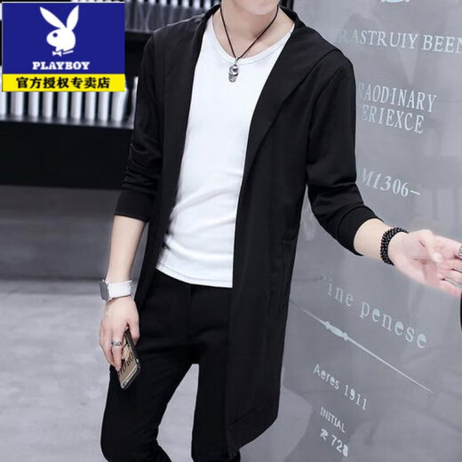 花花公子（PLAYBOY）夏季风衣男中长款防晒男士薄款大衣春秋帅气披风韩版学生外套潮流 9909翻领风衣黑色 S