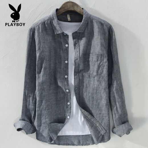 Playboy (Playboy) Camisa de lino de alta gama y camisa de lino de verano Chaqueta de manga larga de manga larga Camisa de lino de algodón de algodón de manga largo