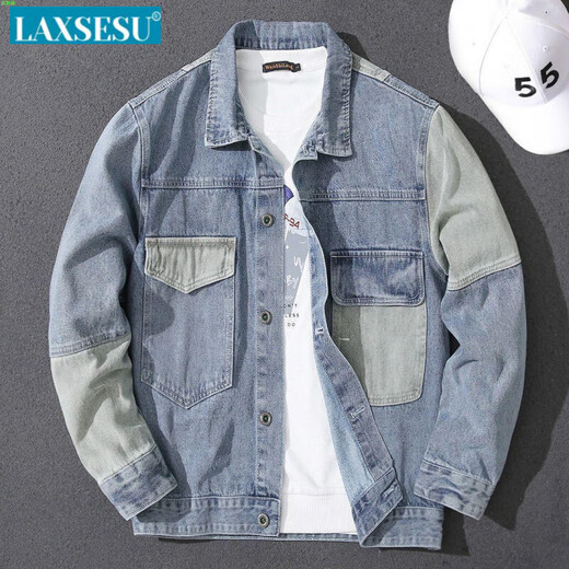 LAXSESU2025外套春秋男新款浅色拼接工装休闲宽松大码牛仔夹克男上衣潮 WTM02浅蓝(新品) M [建议90-115斤]