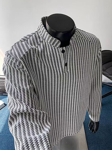 Yingtang sweatshirt men's spring and autumn American Henry collar heavy striped bottoming shirt loose casual jacket YZXS-CT04 white M