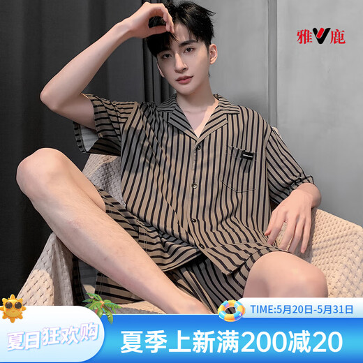 雅鹿男士睡衣夏季莫代尔棉短袖条纹男款夏天薄款家居服可外穿 【M3937 莫代尔凉感型】 L 【适合100-135斤】