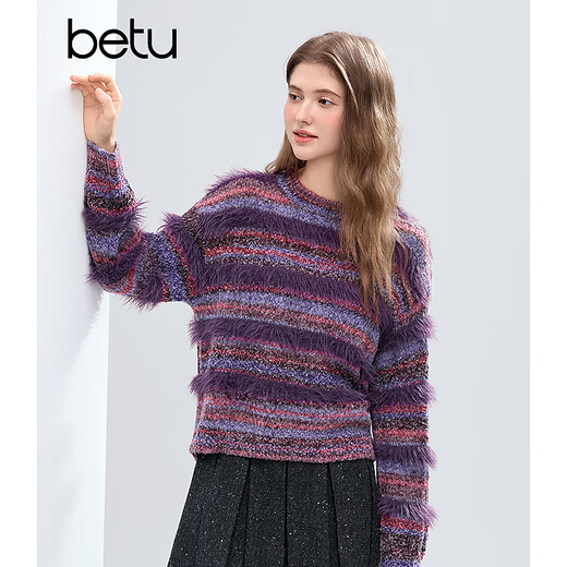 Betu Women's 2025 Winter New Sweater Round Neck Gradient Stripe Plush Decoration Slim Top Women 2511T43 Dark Purple M