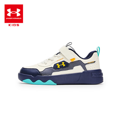 Under Armor children's shoes, men's and women's sneakers, autumn and winter leather warm cushioning, medium and large children's outdoor casual sports shoes, off-white/blue 37.5