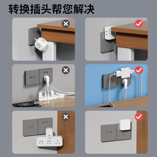 国际电工多功能电源转换器一转三插头家用床头扩展插座无线二脚插 白色超薄一转三【不带指示灯】