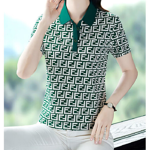 洋气妈妈翻领短袖t恤女士夏季2024新款宽松显瘦POLO衫女印花上衣 829-粉色 829-粉色 M 【建议85-100斤】