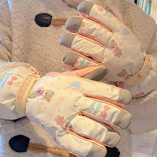 Xinnan Beige Bear Ski Gloves Women's Winter Korean Style Warm and Velvet Thickened Outdoor Cycling Windproof and Coldproof Cycling Tide Beige Bear Gloves