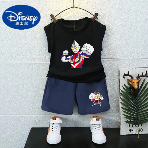 迪士尼（Disney）纯棉男童无袖背心套装夏季新款奥特曼儿童上衣宝宝夏装痞帅两件套 果绿T983+黑色T273小 150 cm 建议身高140-150CM