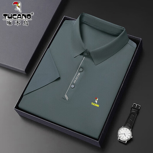 Woodpecker Mulberry Silk Traceless Drape Short Sleeve T-Shirt Men's Summer Thin Business Lapel POLO Shirt Bottoming Paul Top Short Sleeve 671 Black XL 175 Recommended 135-150 Jin Jin equals 0.5 kg