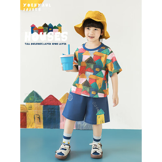 幼悠男童夏季连帽遮阳防晒衣清凉短袖t恤宽松短裤油画小镇系列套装 包包蓝色S1726 均码