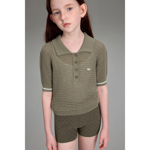 ELLE KIDS童装 钩针POLO短袖针织衫女童夏季新款法式度假镂空上衣 橄榄绿 120 （110/120）