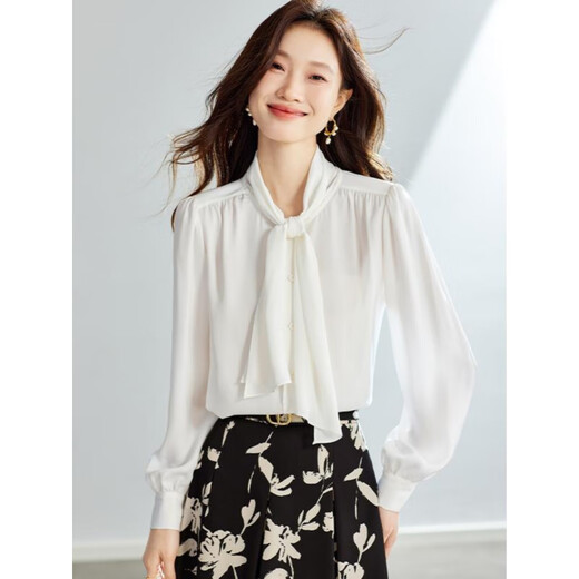 塔驰密司（touchmiss）优雅气质飘带雪纺衬衫女春季新款宽松长袖上衣TM3888GY 奶油杏 M